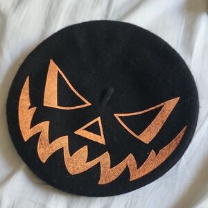 Black Beret with Orange Pumpkin Design
